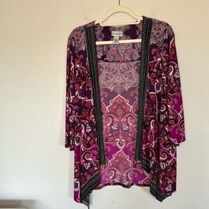 Catherines Plus Size Cardigan Size 1X Purple Paisley Spandex Knit Kimono Style